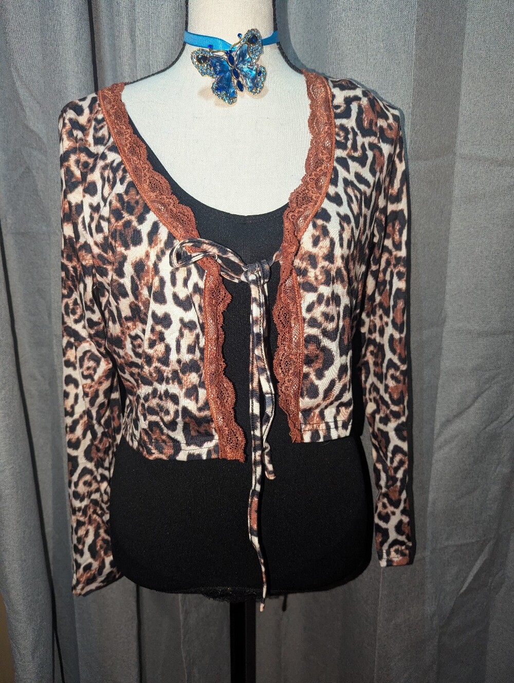 SHEIN Animal Print Tie Closure w/Lace Trim Cropped Cardigan/Shrug S/4